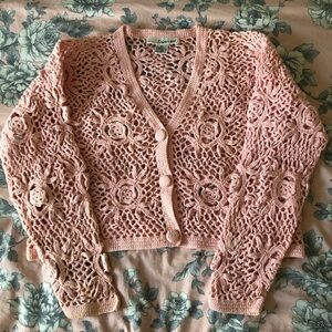 Pink crochet flower lace cardigan top vintage 90"s Equipt 90"s size L large boho